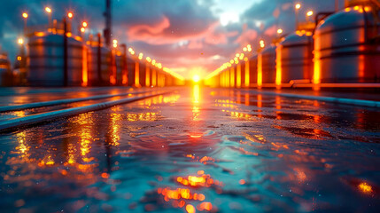Reflection of oil tank in the water at sunset. Selective focus