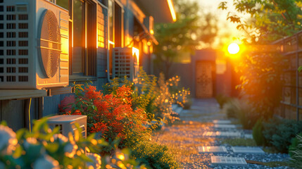 Outdoor unit of air conditioner in the garden at sunset