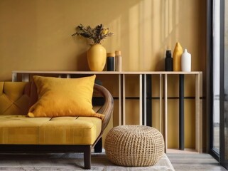 Yellow Couch Basking in Sunlight Next to a Picture Window, Cozy Living Room with Yellow Bench, Blanket, Pillows and Houseplants


