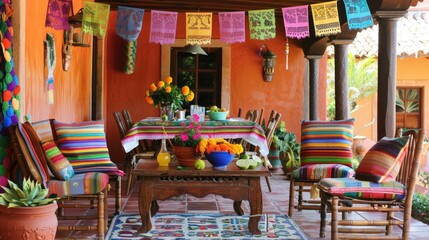 Fototapeta na wymiar Fiesta Ready: Mexican Patio with Serape Blankets and Papel Picado
