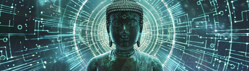 A Buddha statue in deep Zen meditation with digital matrix elements infusing the scene with a contemporary flair - obrazy, fototapety, plakaty