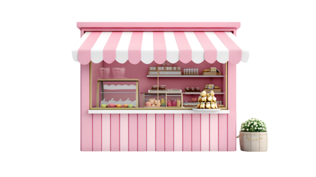 Kiosk stand exhibition booth store with product shelf or blank display shop stand with pink striped awning isolated on transparent background