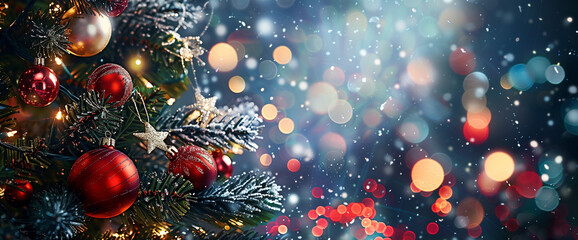 Christmas Tree with Shiny Bokeh Lights in Dark Sky-Blue and Red