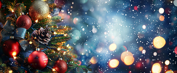 Obraz na płótnie Canvas Christmas Tree with Shiny Bokeh Lights in Dark Sky-Blue and Red