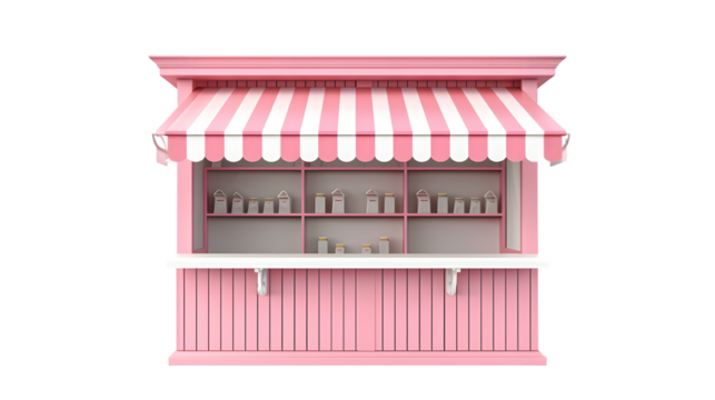 Market stall kiosk stand exhibition booth shop store with product shelf counter or display shop stand with pink striped awning isolated on transparent background