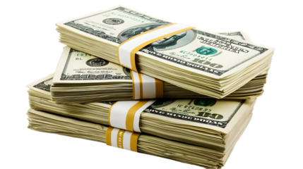 Money Pile of packs of hundred dollar bills stacks isolated on transparent background