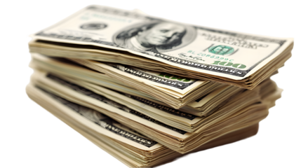 Money Pile of packs of hundred dollar bills stacks isolated on transparent background