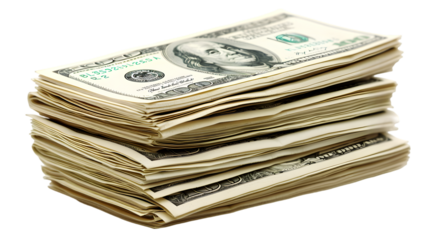 Money Pile of packs of hundred dollar bills stacks isolated on transparent background