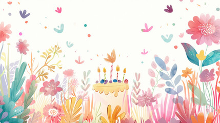 Charming watercolor birthday celebration design with floral elements and a festive cake with candles for cheerful invitation.
