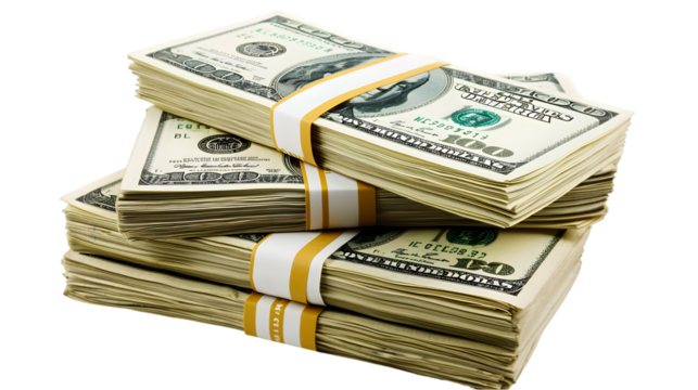 Money Pile of packs of hundred dollar bills stacks isolated on transparent background