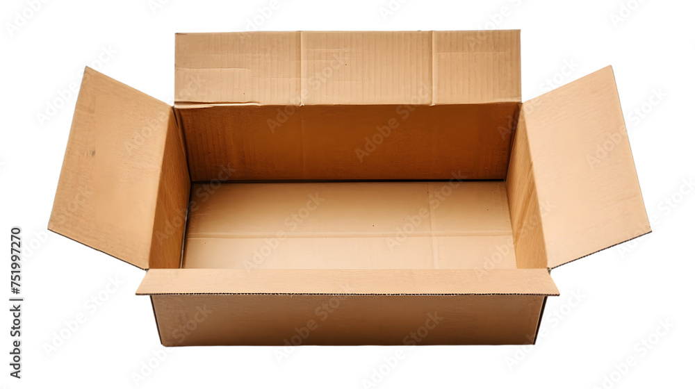 Poster one empty open cardboard box isolated on transparent background