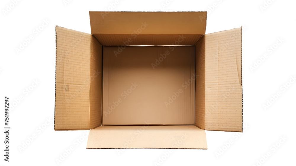 Poster one empty open cardboard box isolated on transparent background