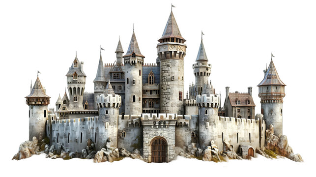 Old fairytale castle, medieval castle isolated on transparent background