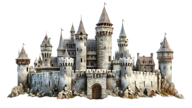 Old fairytale castle, medieval castle isolated on transparent background
