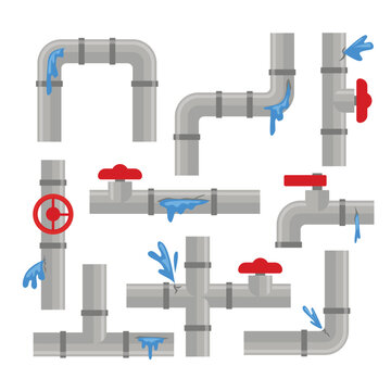 Set of broken pipe collection, Damaged leaky pipes. Leak in water pipe crack, broken metal plumbing and leak from pipes and joints vector illustration, Broken sewer and water supply.