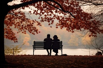 Couple sitting on a park bench surrounded by autumn leaves.