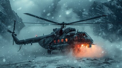 military helicopter in the mountains - obrazy, fototapety, plakaty