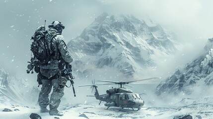 military helicopter in the mountains