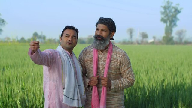 Two desi farmers chatting while standing in front of their farmland - two brothers. Young Indian farmer excitedly showing his healthy crops to an old farmer friend - agriculture  rural lifestyle