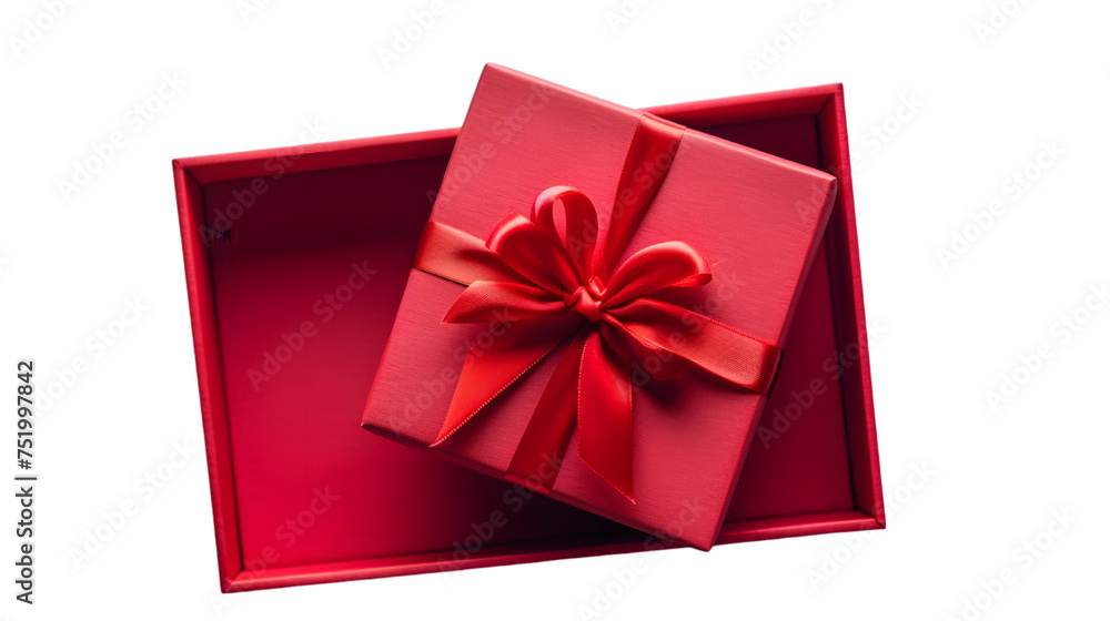 Poster open red gift box , red present box with red ribbon bow and empty space in the box isolated on trans