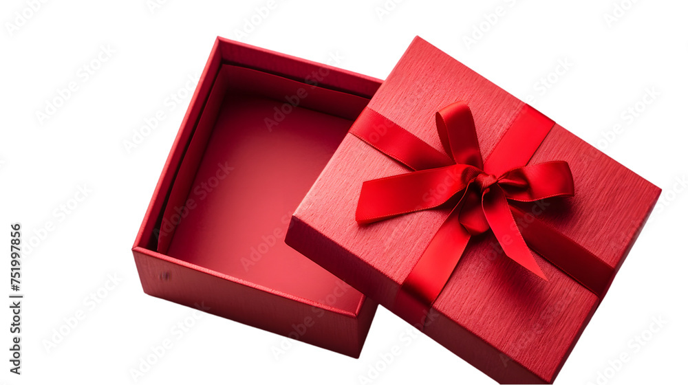 Poster open red gift box , red present box with red ribbon bow and empty space in the box isolated on trans