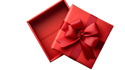 Open red gift box , Red present box with red ribbon bow and empty space in the box isolated on transparent background