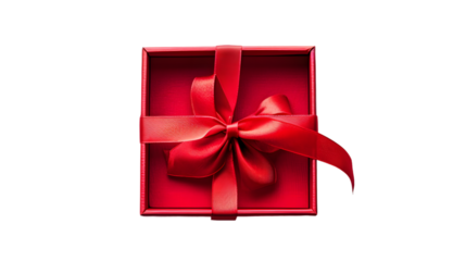 Open red gift box , Red present box with red ribbon bow and empty space in the box isolated on transparent background