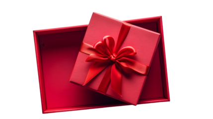 Open red gift box , Red present box with red ribbon bow and empty space in the box isolated on transparent background