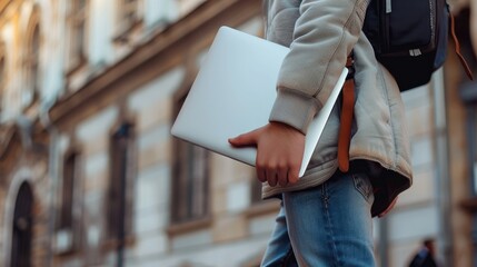 Close-up of student carrying laptop outdoors - obrazy, fototapety, plakaty