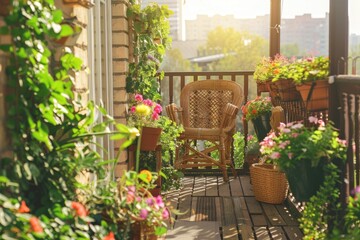 Naklejka premium Beautiful balcony or terrace with chairs, natural material decorations and green potted flowers plants.