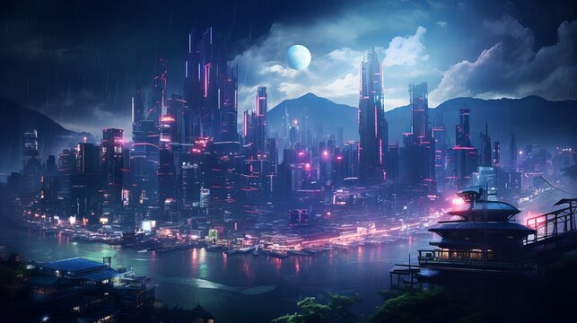 A hyper-realistic depiction of an Asian cityscape at night, featuring a cyberpunk aesthetic.