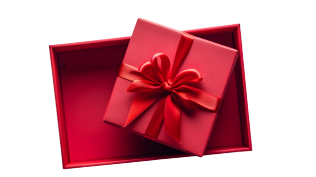 Open red gift box , Red present box with red ribbon bow and empty space in the box isolated on transparent background