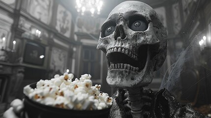 skeleton with popcorn watching TV