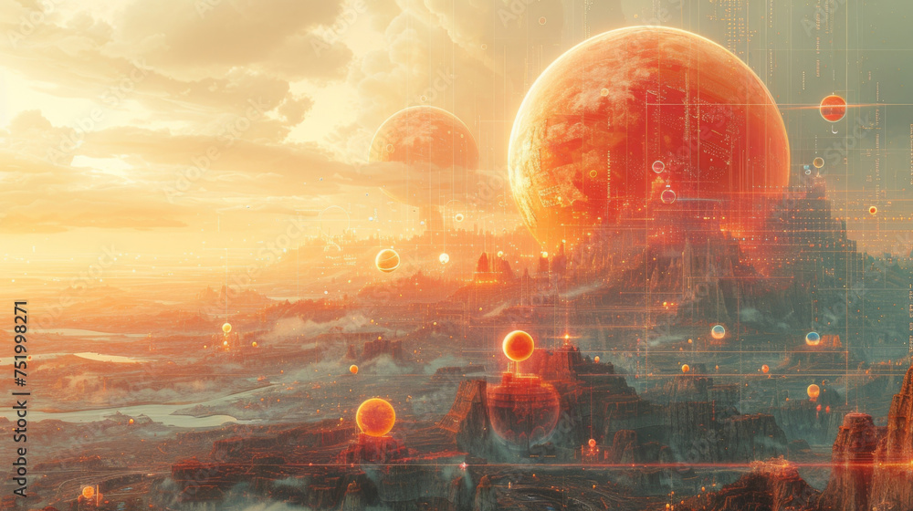Poster a futuristic landscape with multiple layers each one showing a different aspect of income and expens