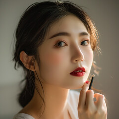 Portrait of a Beautiful Asian  woman testing make up new products