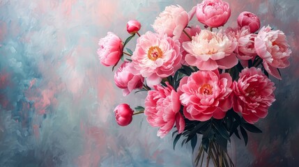 Lush bouquet of pink peonies in full bloom, illustrating the rich texture and romantic atmosphere