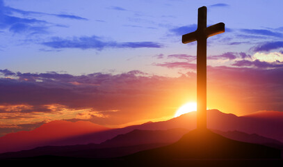Naklejka premium Crucifixion of Jesus Christ. Cross at sunset. 3d illustration
