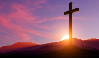 Obraz premium Crucifixion of Jesus Christ. Cross at sunset. 3d illustration