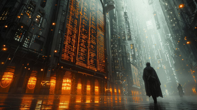 A futuristic cityscape with a sleek modern exchange rate ticker displayed prominently against a glass building. In the background a series of glowing data points float in