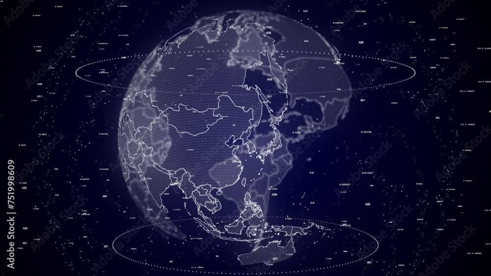 Poster digital globe rotating, zooming in on north korea country. data analysis technology cinematic globe 