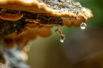 Ant on a mushroom: dew drops
