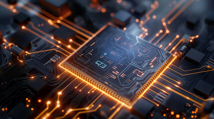 Close-Up of Glowing Circuit Board with Integrated Microchip