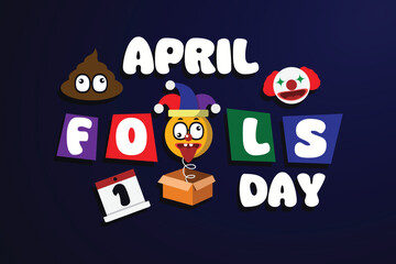 April Fool's Day. With unique designs. Clown, confetti, calender and more. Great for Cards, banners, posters, social media and more. Dark Blue background.