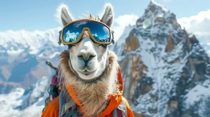 Photo sur Aluminium brossé Lama A llama in hiking gear leading treks through the mountains a fluffy guide on high trails