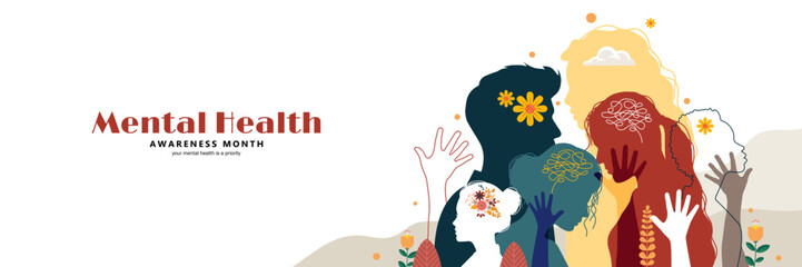 Mental Health Awareness Month banner with people silhouette. vector illustration - obrazy, fototapety, plakaty