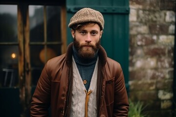 Portrait of a handsome bearded man in a hat and coat.