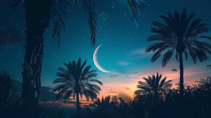 Fototapeta premium Serene night scene with crescent moon and palm trees creating a peaceful landscape with stars shining brightly.