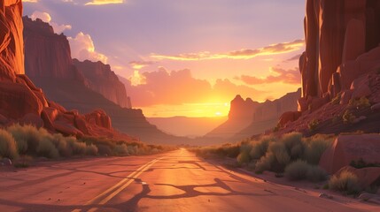Craft a captivating image of a road surrounded by sandstone formations during a sunset. 