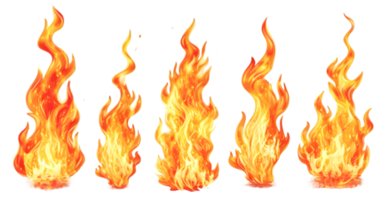 Set of burning fires of flames and sparks isolated on transparent background