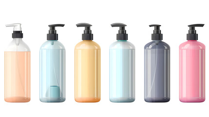 Set of Plastic cosmetic bottle with dispenser pump. Container for liquid, gel, lotion, cream, shampoo, shower gel. Packaging of beauty products isolated on transparent background